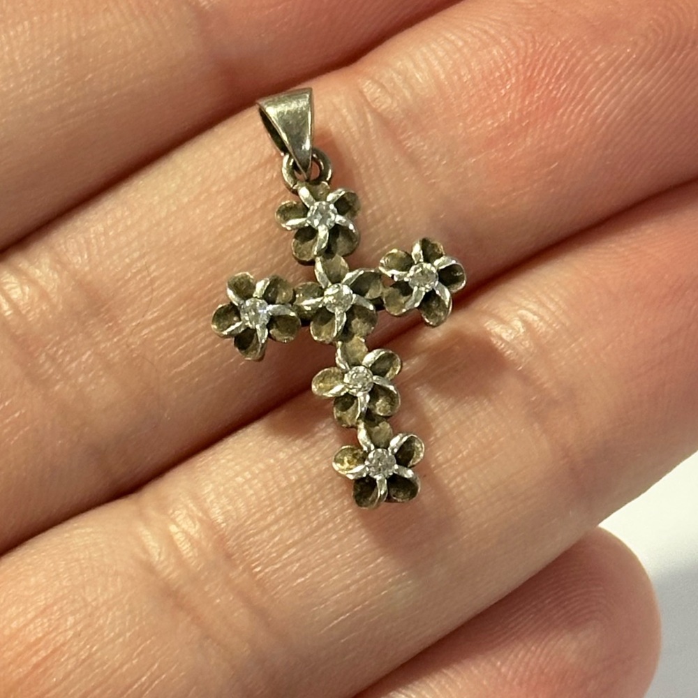 925 Sterling Plumeria Flower Cross Pendant w/ CZ Bridal Floral Cottagecore